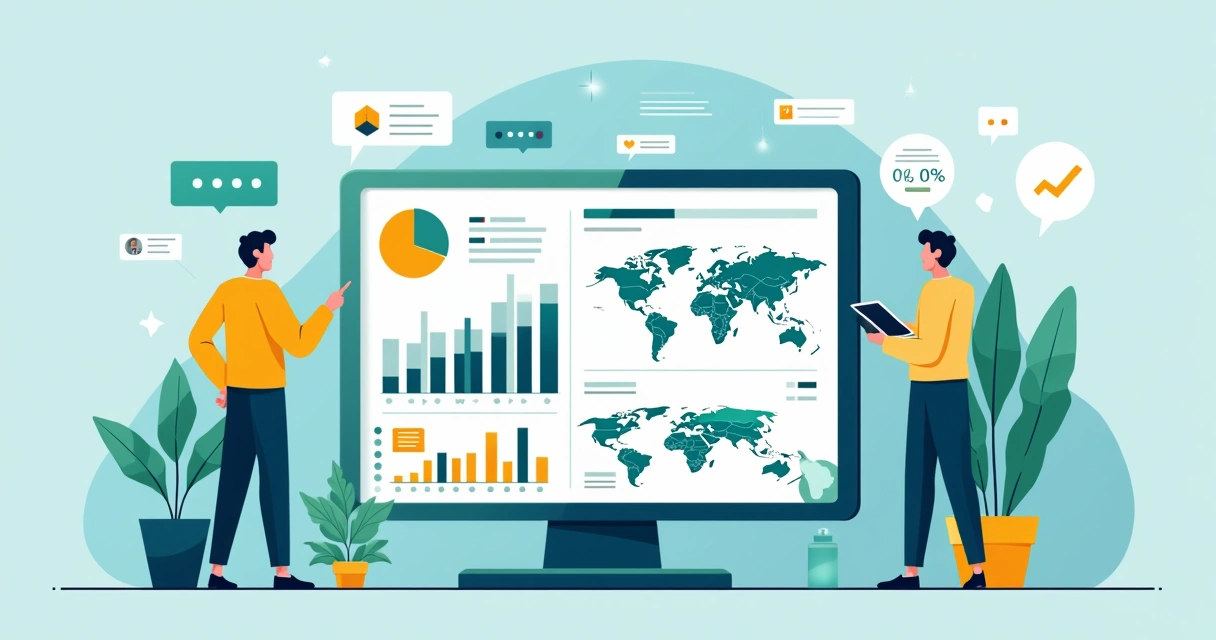 Painel digital exibindo análise de sentimentos, gráficos de desempenho de marca e mapas de presença em IA. 