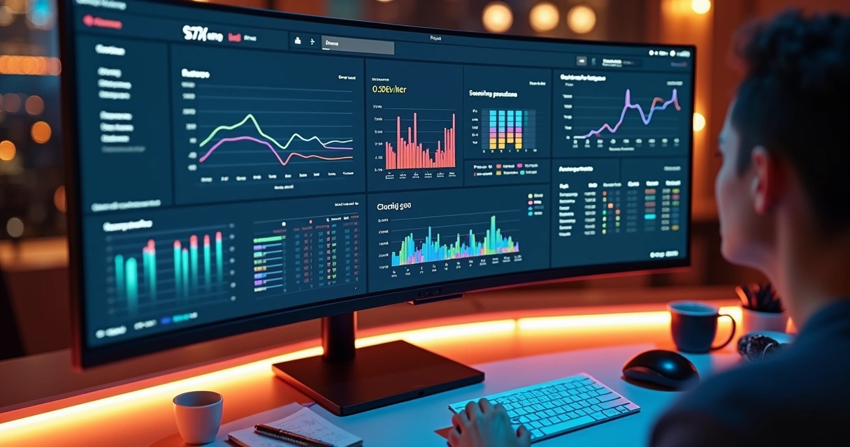 Painel digital mostrando análise de uso de sistema interno com gráficos coloridos 