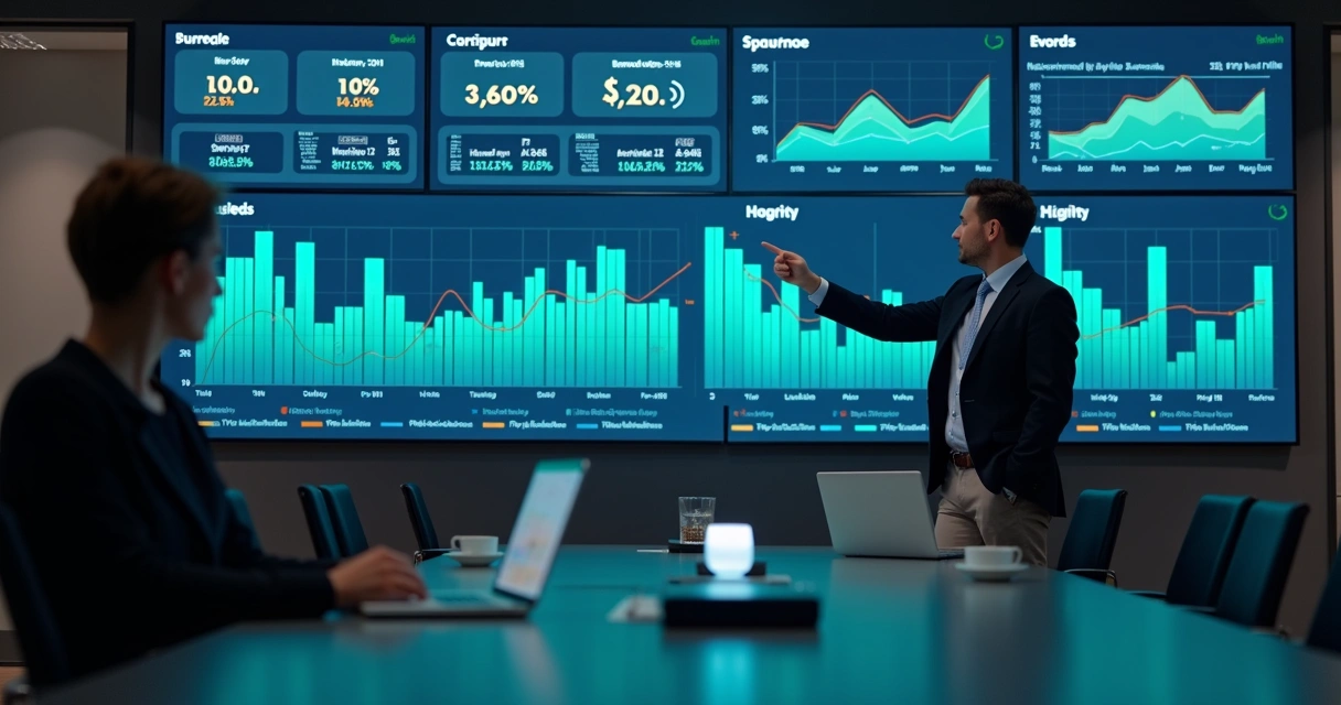 Painel de vendas com gráficos e indicadores em tela grande 