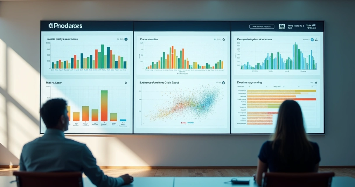 Painel grande com gráficos coloridos comparando vários imóveis de leilão 