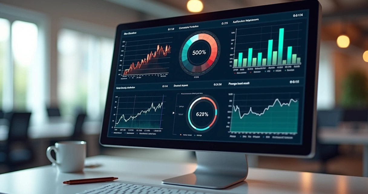 Painel analítico mostrando gráficos de estoque em tela de computador