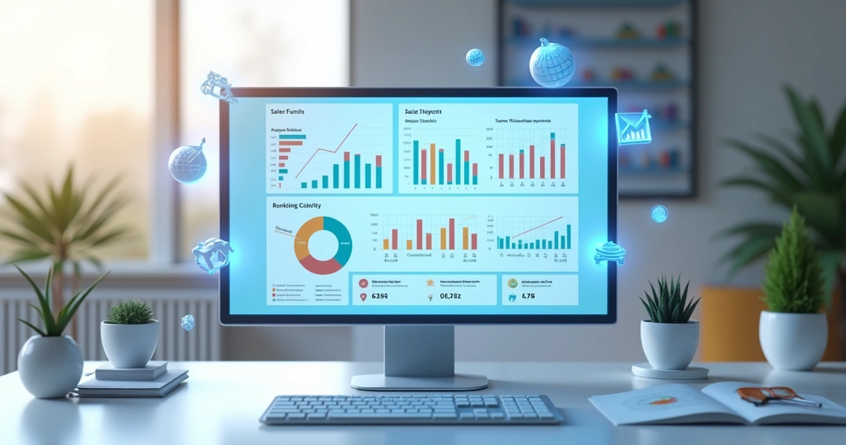 Dashboard digital 3D com indicadores e gráficos de performance de canais no monitor. 
