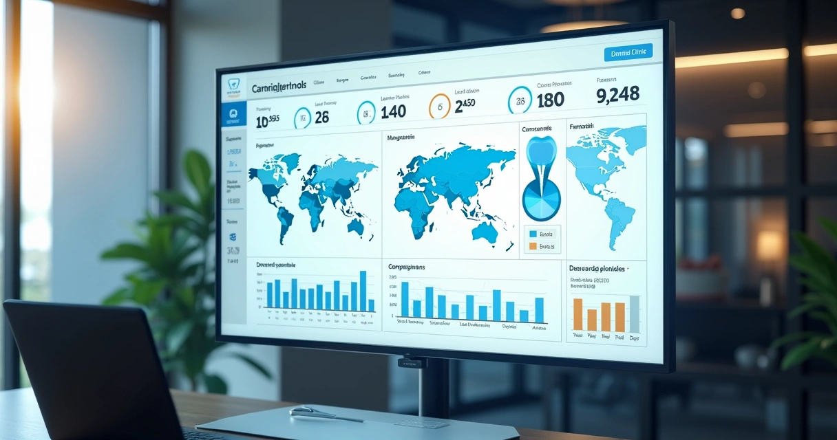 Dashboard digital exibindo o desempenho de campanhas de clínica odontológica