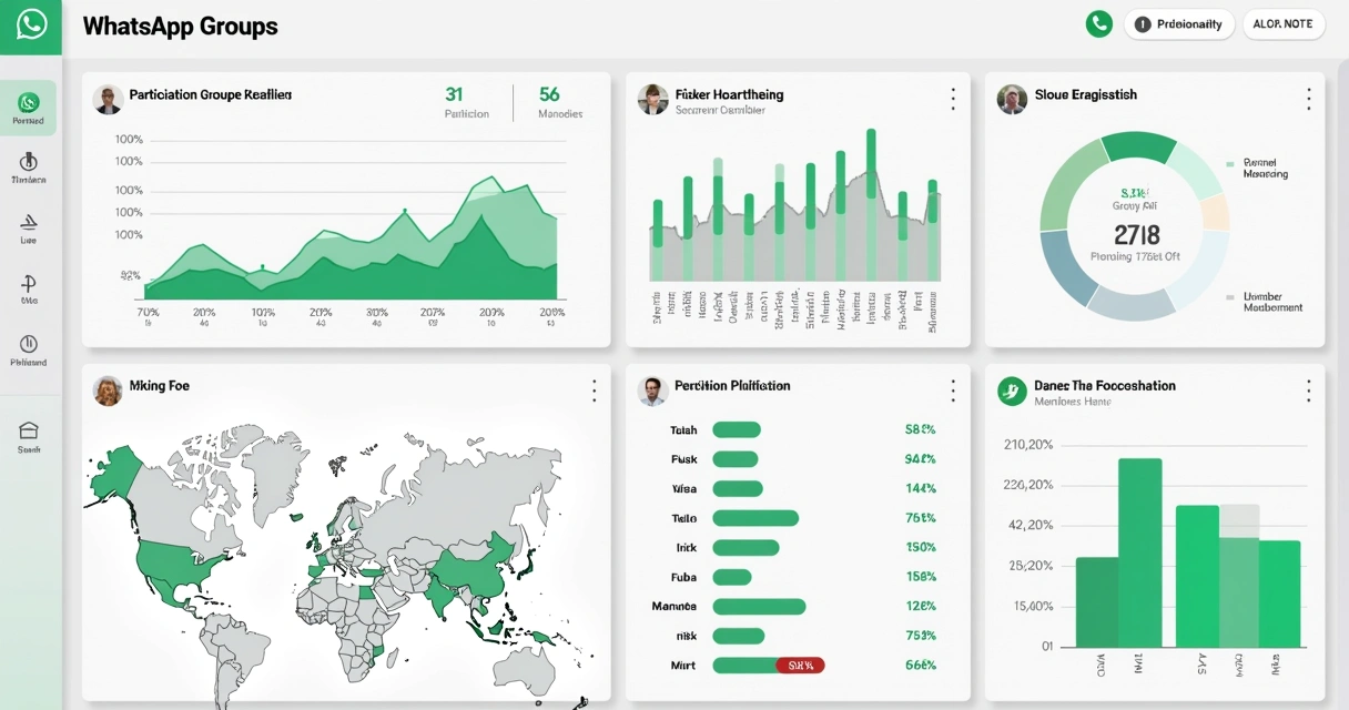 Painel detalhado de analytics com métricas diversas para grupos WhatsApp 