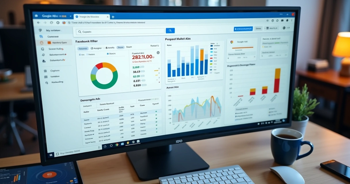 Painel de controle de anúncios do Google e Facebook com métricas e gráficos 