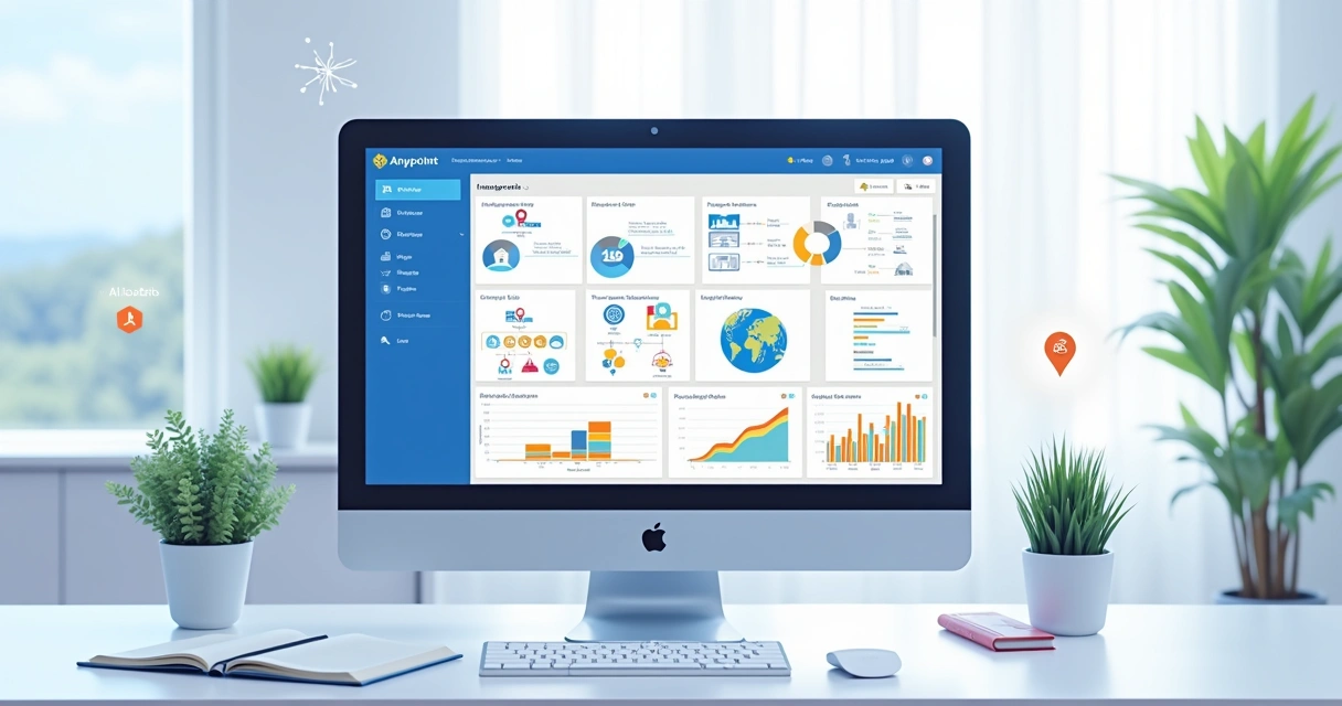 Painel da MuleSoft Anypoint Platform com gráficos e integrações conectadas 