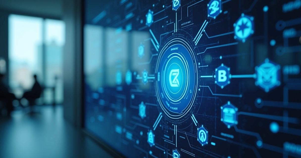 Painel digital mostrando fluxo de integração entre bancos e sistemas de gestão 
