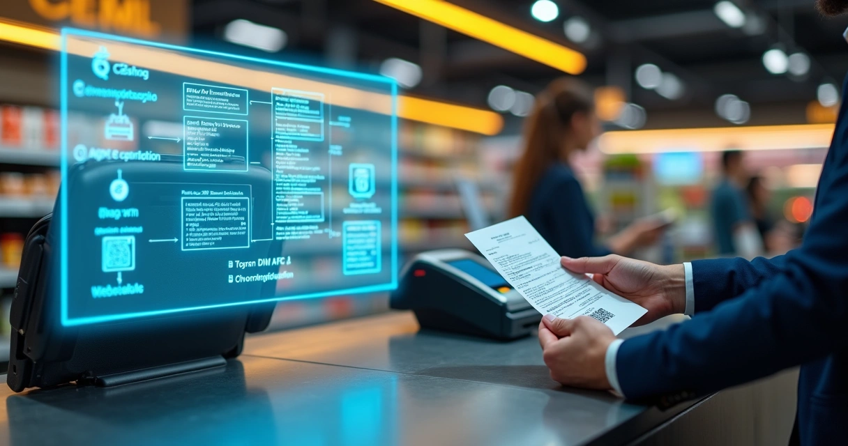 Painel técnico de API NFC-e conectado a um caixa de supermercado 