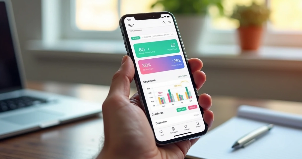 Tela de app financeiro com categorias de gastos e contas bancárias 
