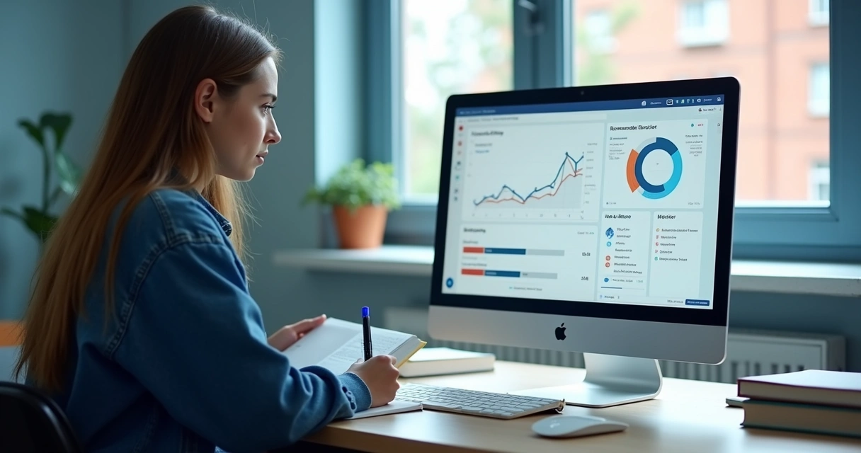 Painel de aprendizagem com gráficos e estudante usando notebook