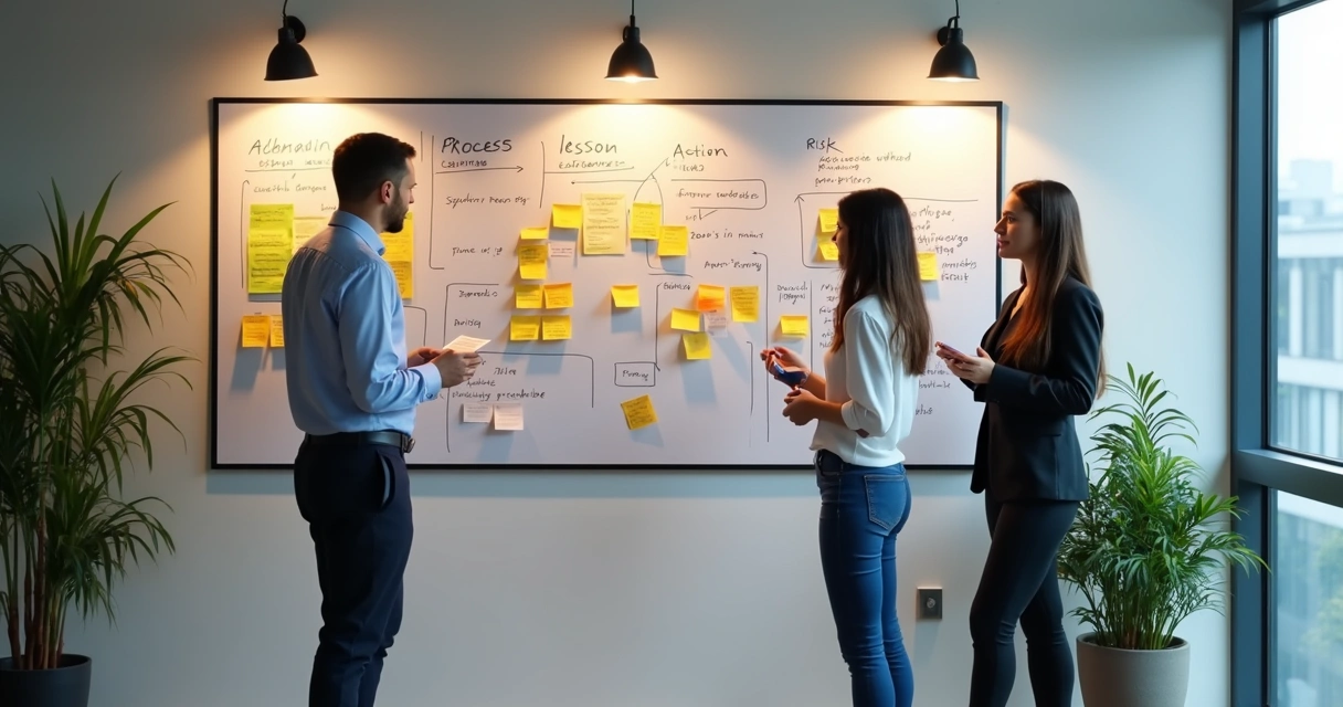 Painel com anotações de lições aprendidas da equipe