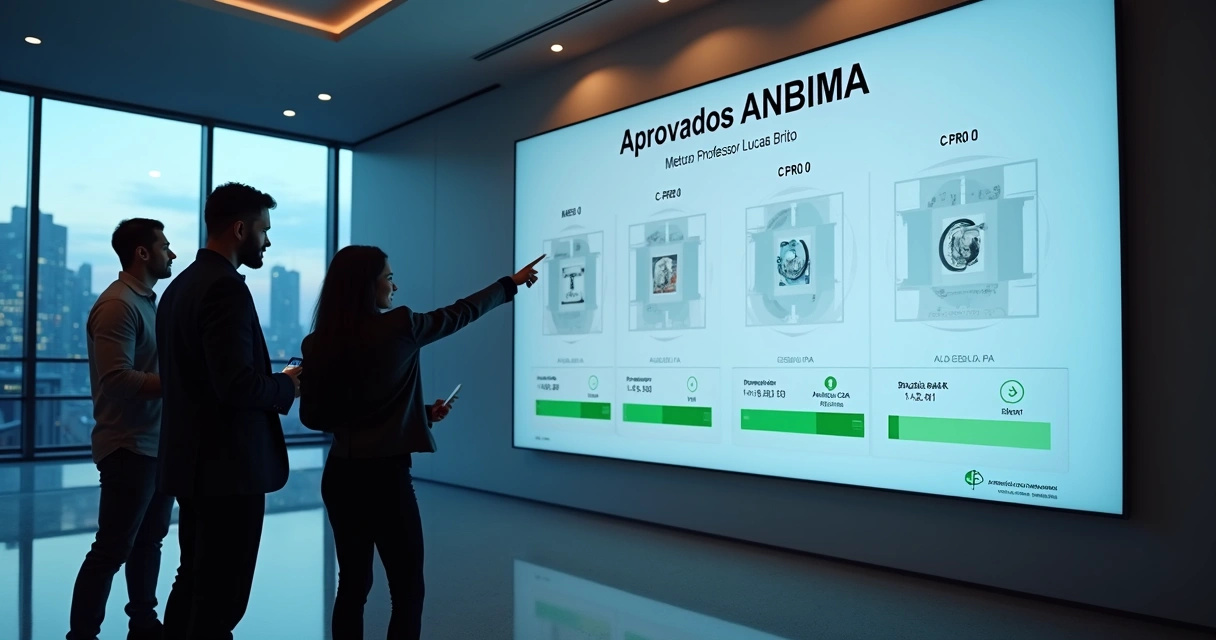 Painel digital com aprovados nas certificações ANBIMA destacando Professor Lucas Brito 