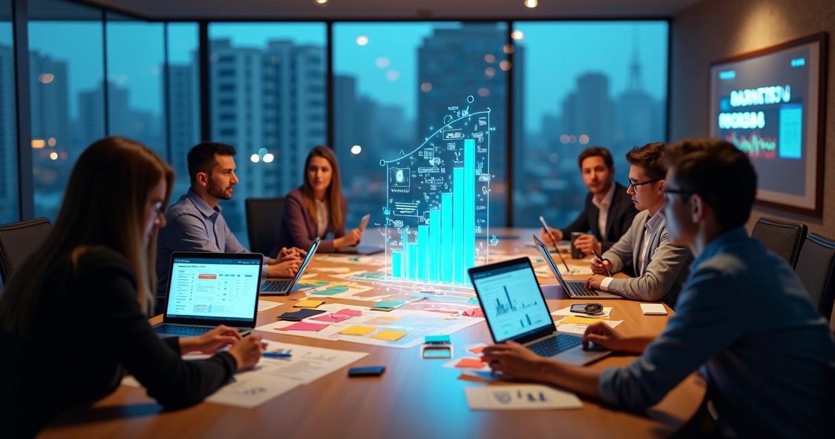 Panorâmica de assessoria de marketing conectando canais digitais e métricas de crescimento B2B 