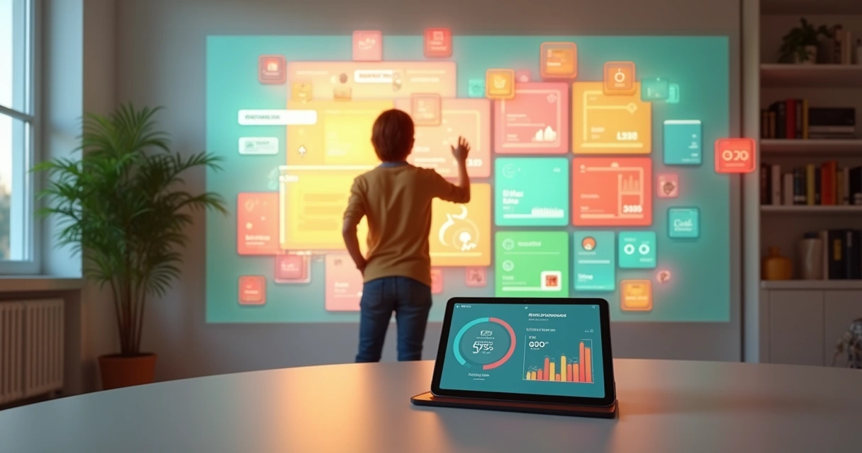 Jovem organizando painéis coloridos de assinaturas digitais em sala moderna 