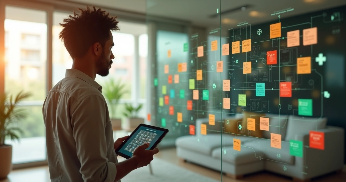 Pessoa analisando mural de ícones de assinaturas digitais destacados em um painel doméstico 