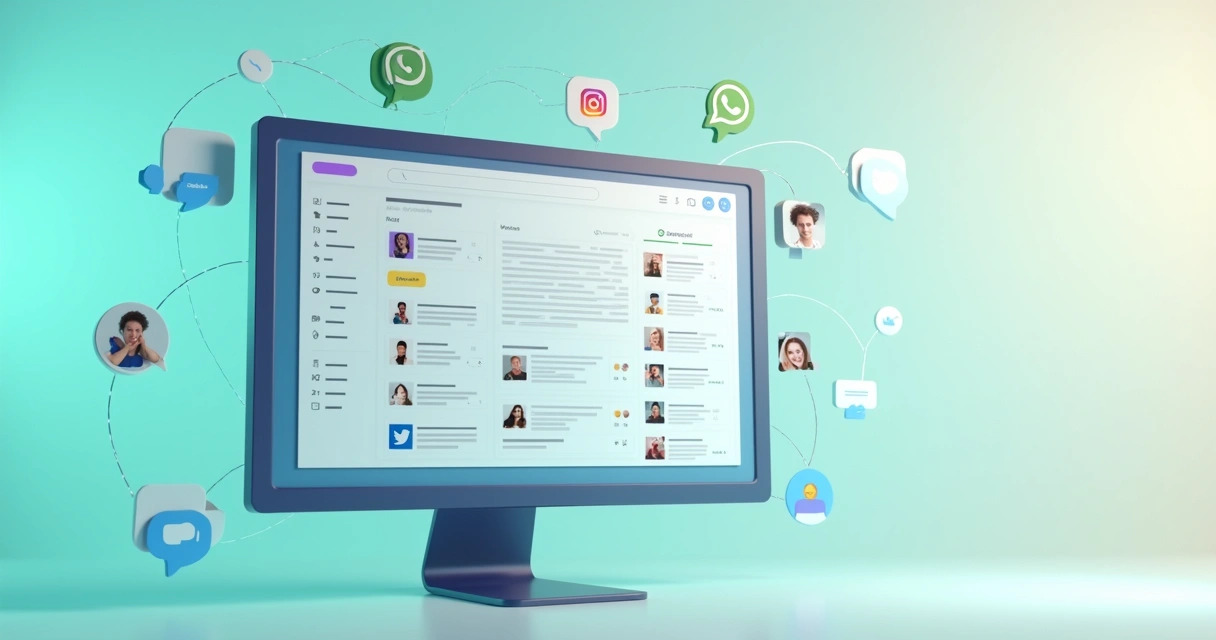 Painel digital mostrando integração de chats do WhatsApp, Instagram e Messenger