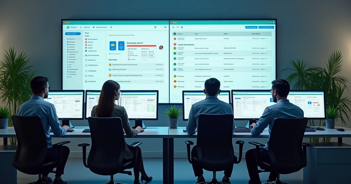 Painel de atendimento com equipe em operação 