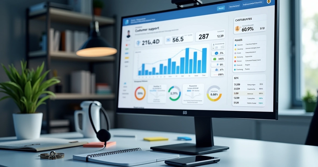 Painel de atendimento com chatbot e métricas em tela 