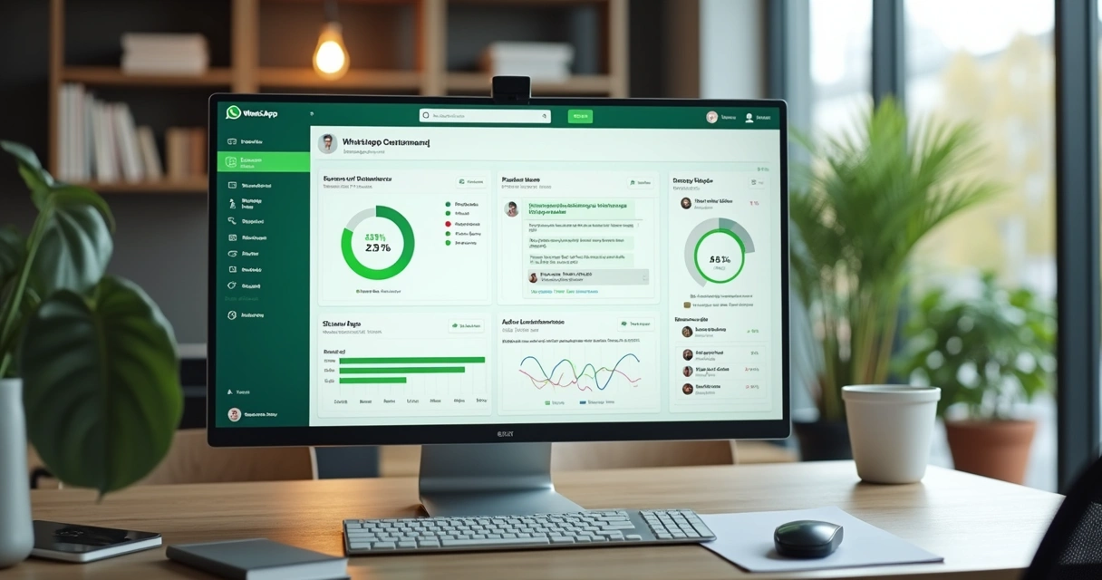 Painel de atendimento com métricas de WhatsApp em tela grande