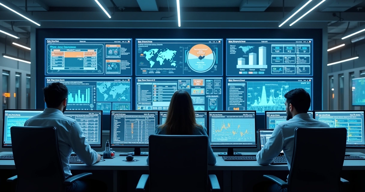 Painel digital de ativos em sala de controle industrial 