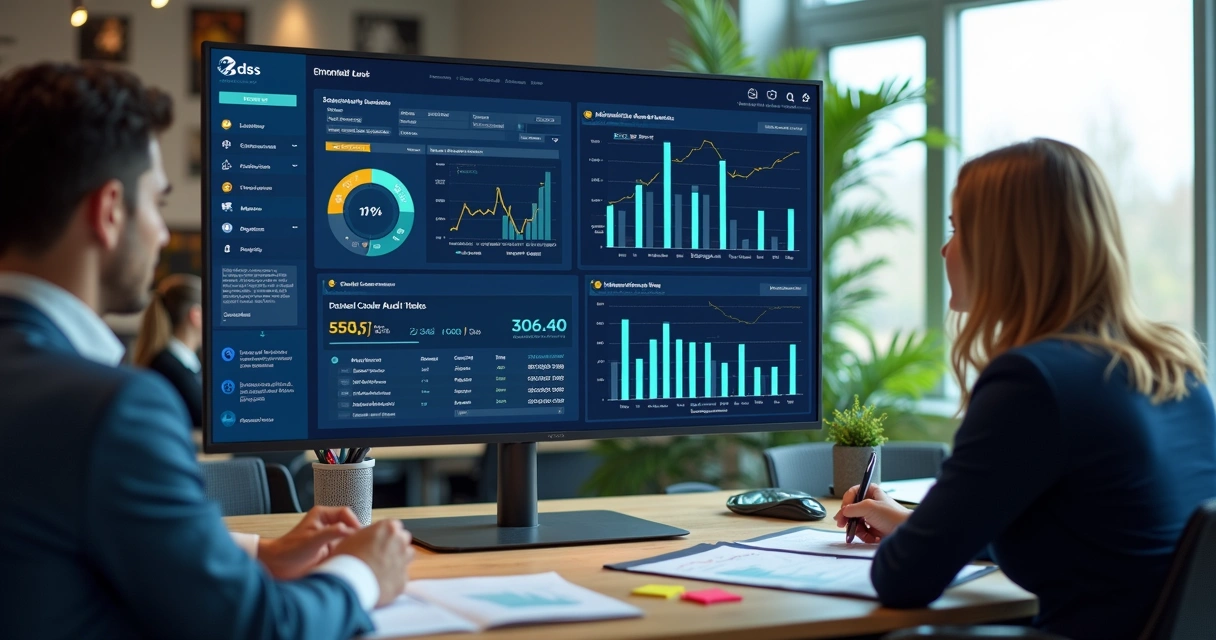 Painel de auditoria digital mostrando gráficos e alertas coloridos 