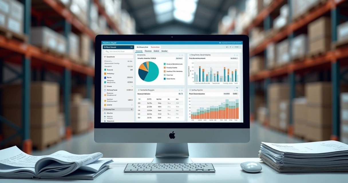 Painel de auditoria de estoque em monitor no armazém