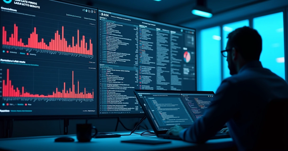 Painel de auditoria com gráficos em tela e alertas de IA 