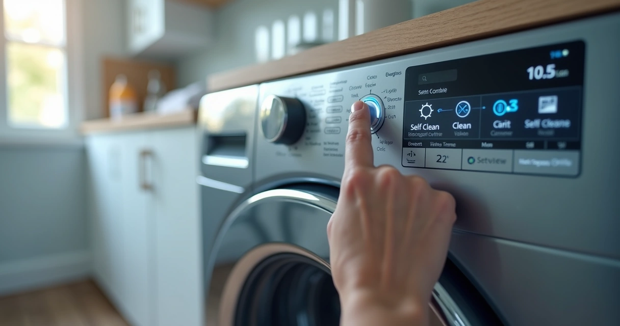 Painel digital de lavadora com ciclo de autolimpeza ativo 