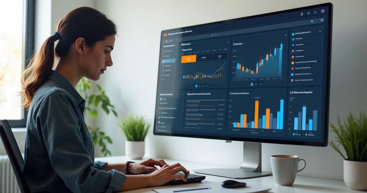 Painel digital de automação administrativa com gráficos e avisos