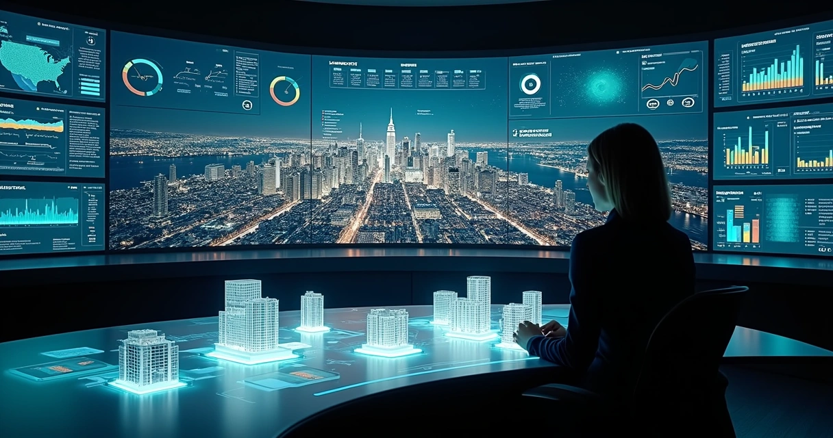 Painel digital com mapa urbano e indicadores automatizados de análise de imóveis 
