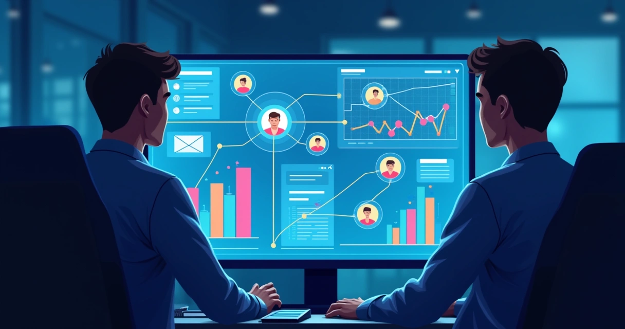 Painel digital exibindo automação e análise de dados de marketing 