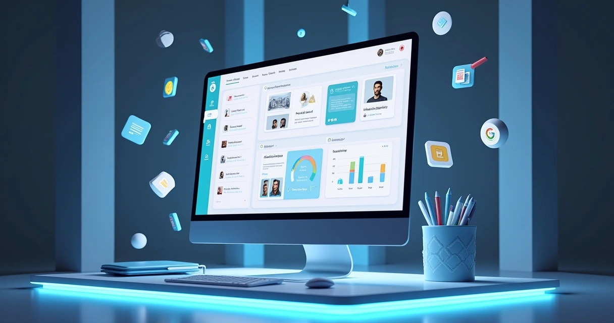 Painel digital 3D mostrando automação e controle de demandas de design com gráficos em tempo real 