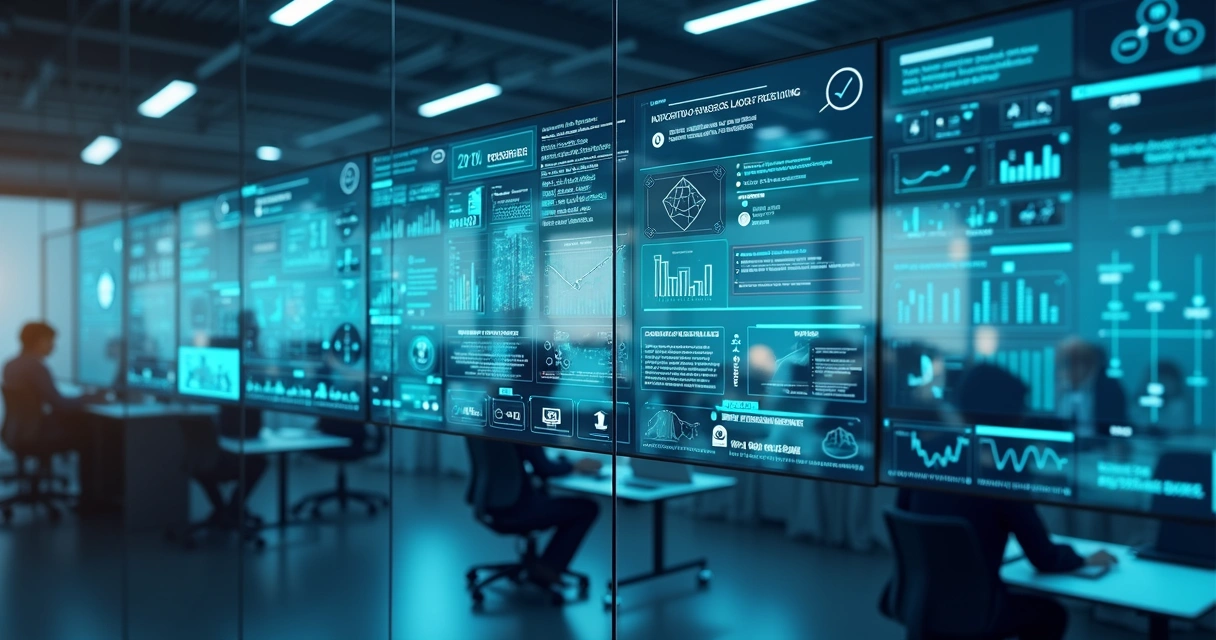 Painel de automação empresarial com gráficos e fluxos digitais 