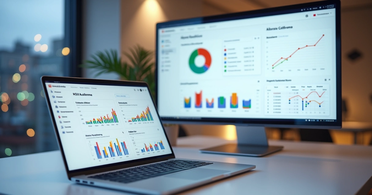 Painel unificado com gráficos de automação de campanhas Meta Ads em tela de notebook 