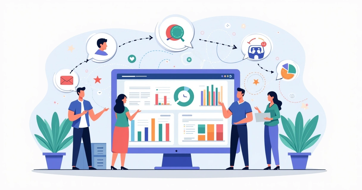 Dashboard de automação de marketing com gráficos coloridos e fluxos de mensagens 