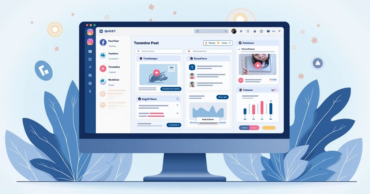 Painel computador mostrando automação de posts em redes sociais 