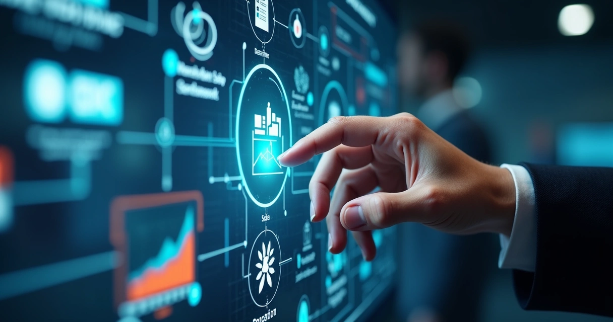 Painel digital conectando plataformas de marketing, vendas e automação 