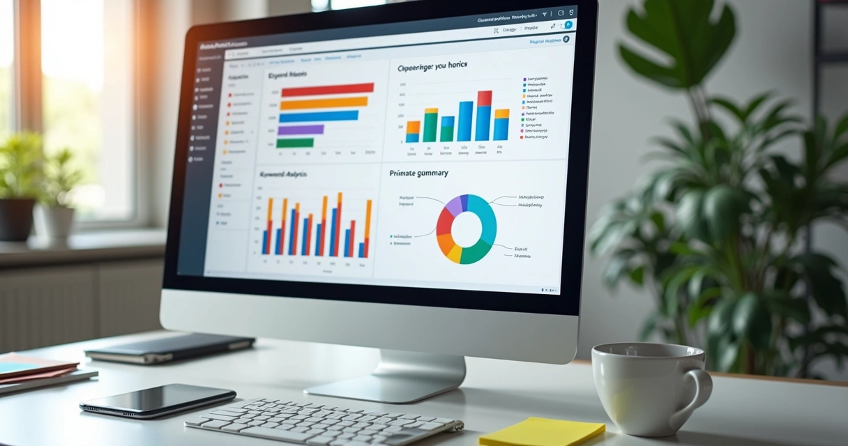 Painel da Automarticles mostrando gráficos de SEO e relatórios em tela de computador 