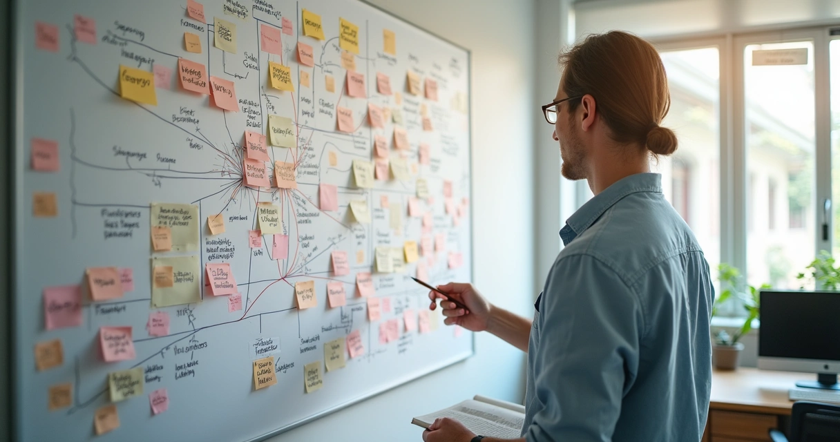 Painel com gráficos, post-its e conexões de revisão sistêmica 