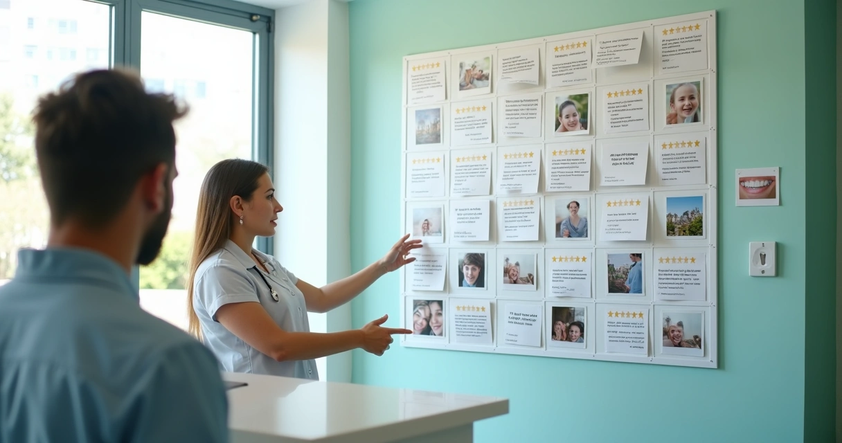 Recepcionista de clínica odontológica observa parede com avaliações positivas de pacientes 