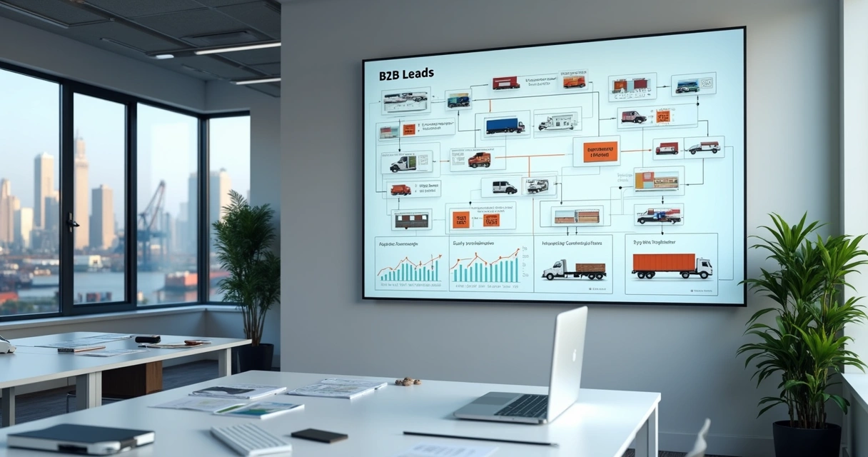 Painel digital com leads B2B e fluxos de transporte 