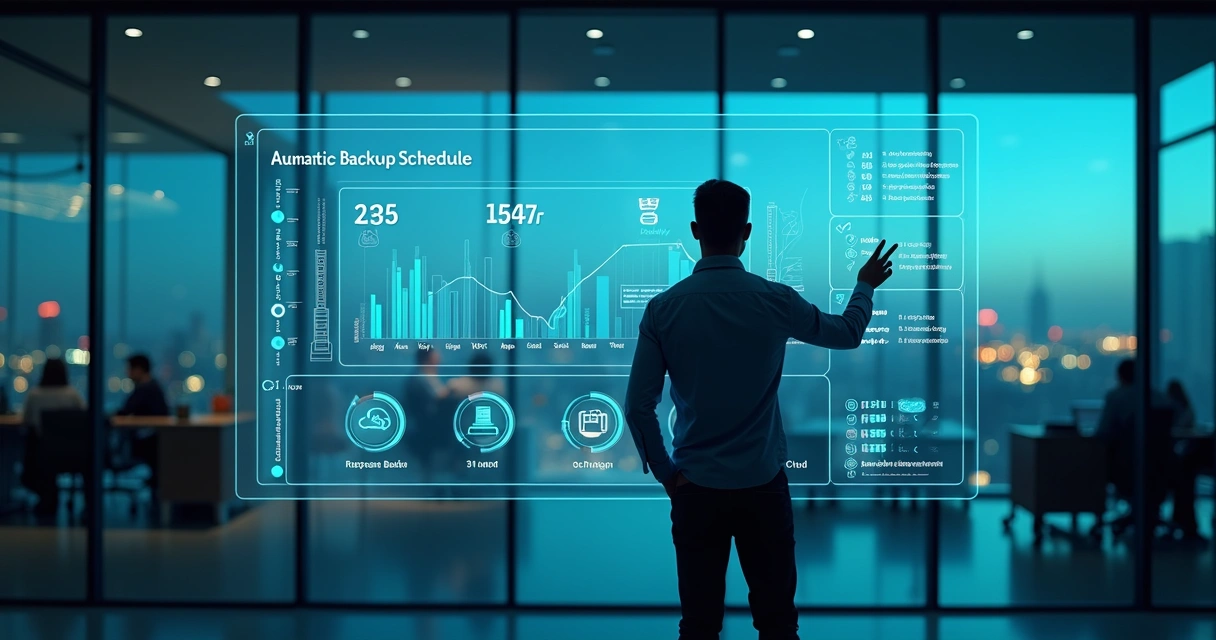 Profissional analisa grande painel transparente com cronogramas de backup automatizado 