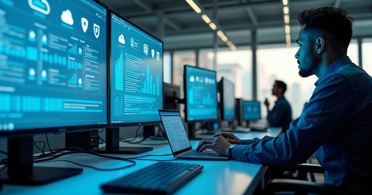 Painel de backup corporativo em escritório moderno 