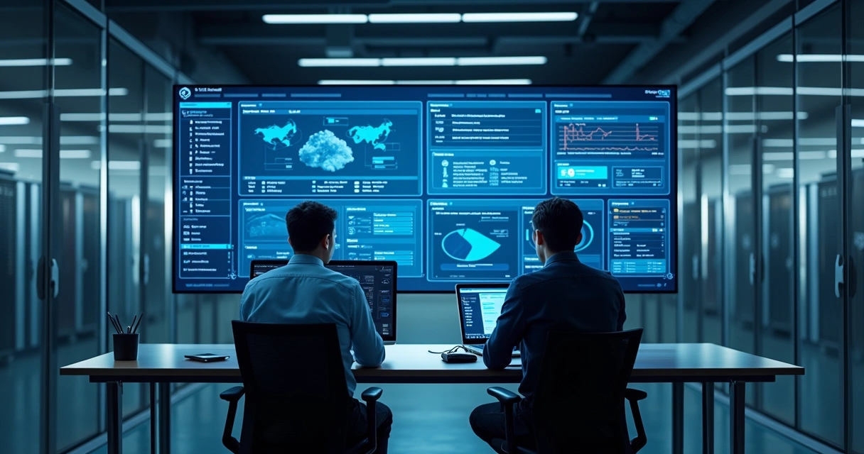 Painel de monitoramento de backup em nuvem em escritório corporativo 