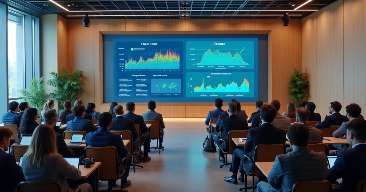 Profissionais em auditório corporativo observando painel digital com métricas de bem-estar 