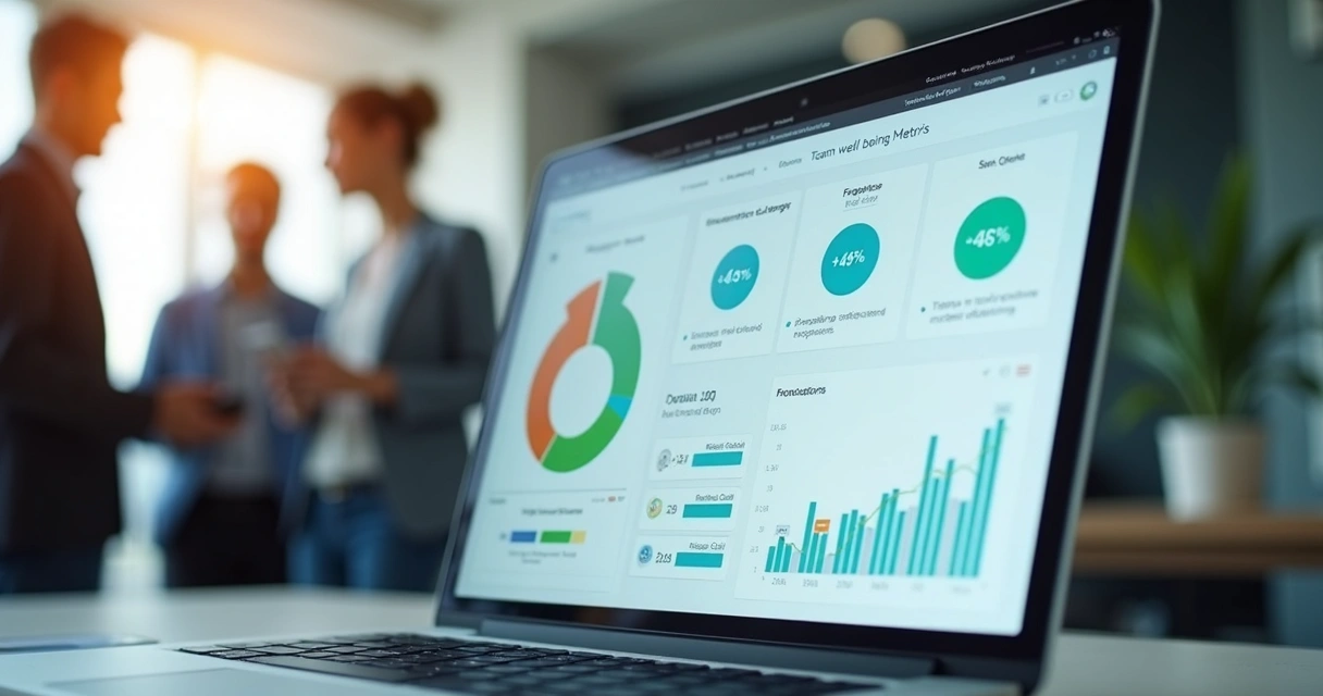 Painel digital com métricas de bem-estar da equipe em escritório