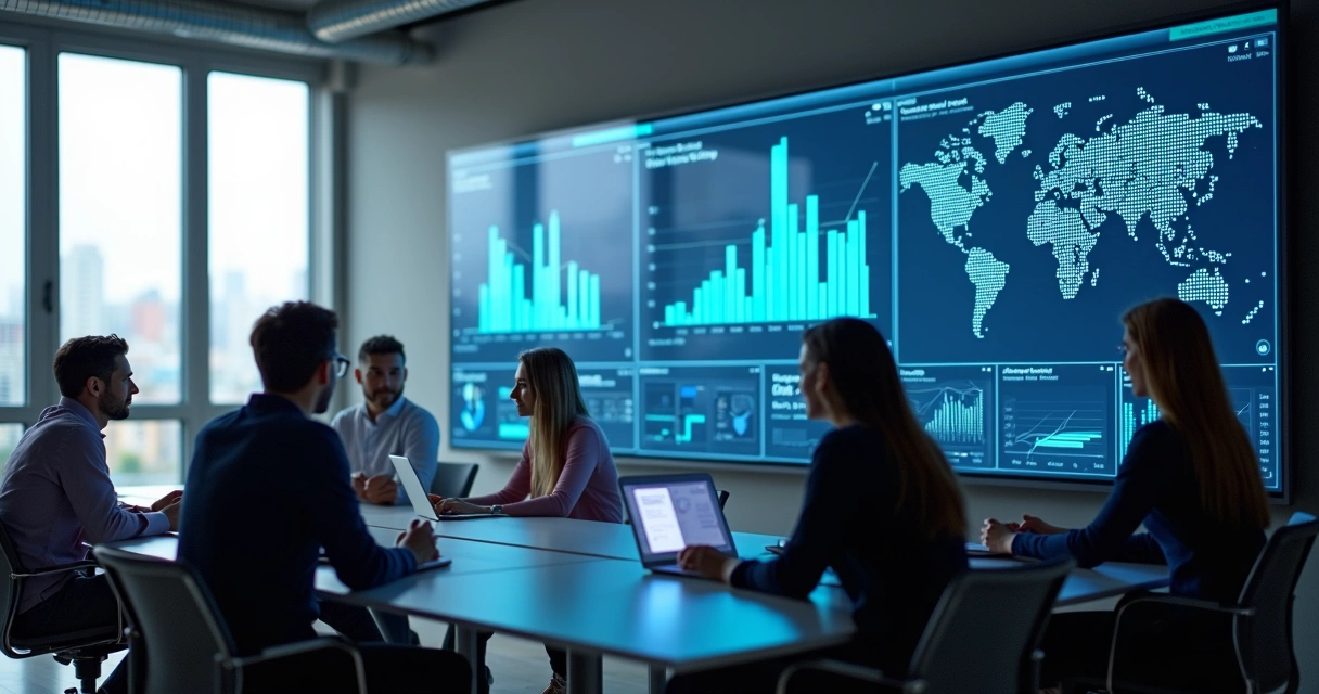 Painel digital com gráficos de BI e Analytics em escritório 