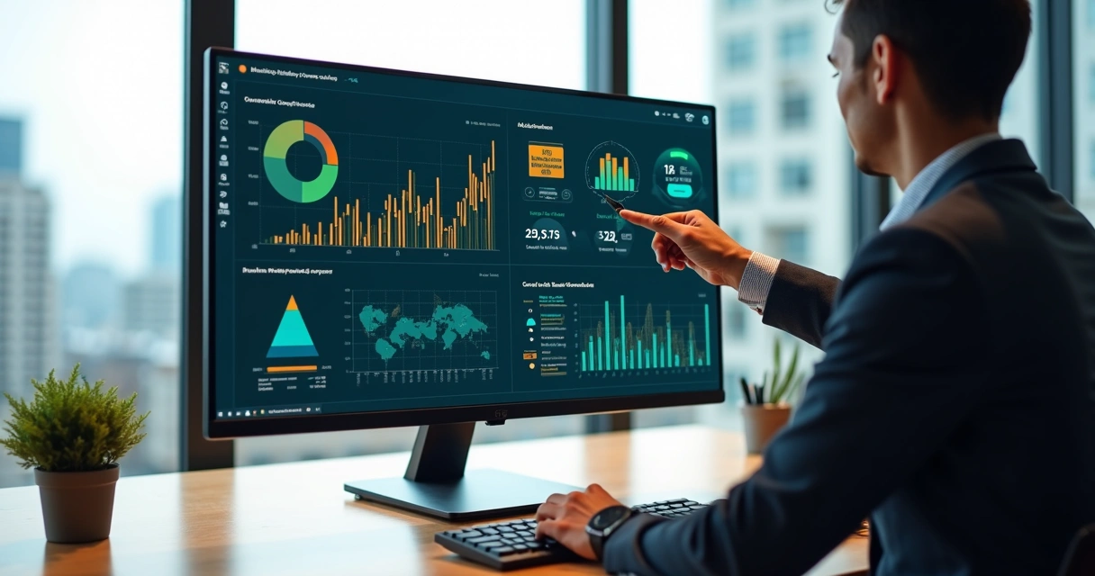 Gestor analisando painel de BI imobiliário com gráficos e ícones de IA 