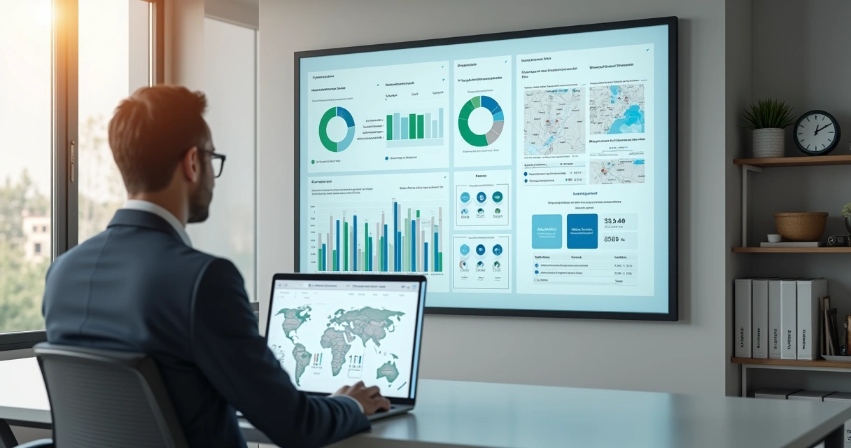 Gestor analisando painel de BI com métricas de locação imobiliária em tela grande 