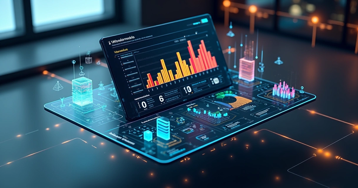 Painel 3D de Business Intelligence mostrando gráficos de vendas e análise de produtos campeões em e-commerce 